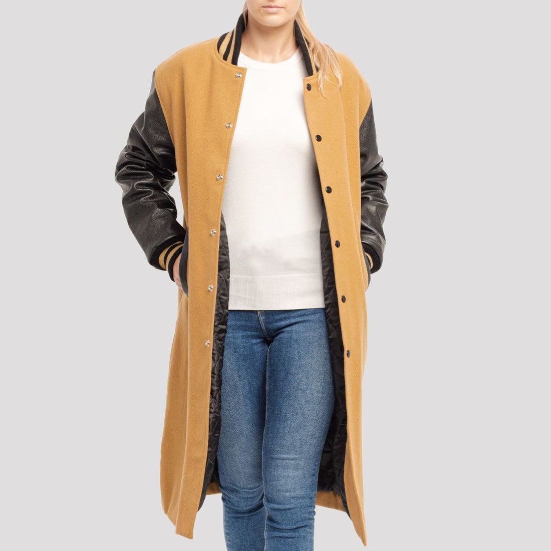 Classic camel body letterman coat with black leather sleeves