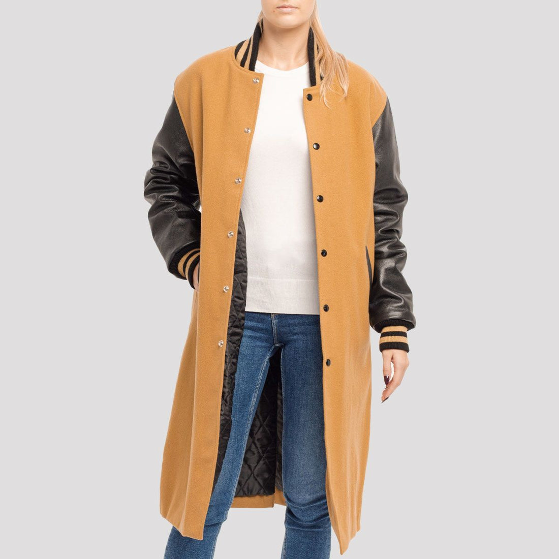 Classic camel body letterman coat with black leather sleeves