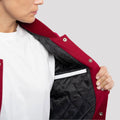 Classic varsity jacket in red with contrasting white leather sleeves