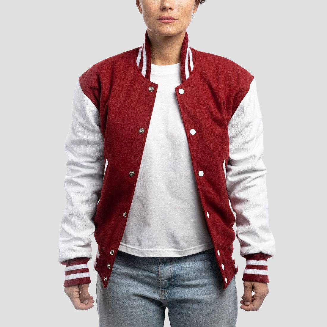 Classic cardinal red letterman jacket with white leather sleeves