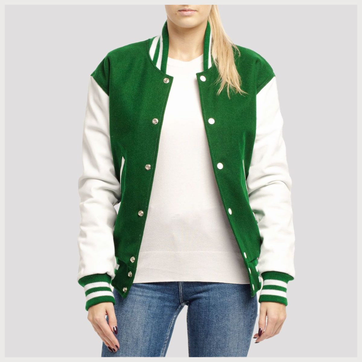 Classic Kelly green wool letterman jacket with white leather sleeves