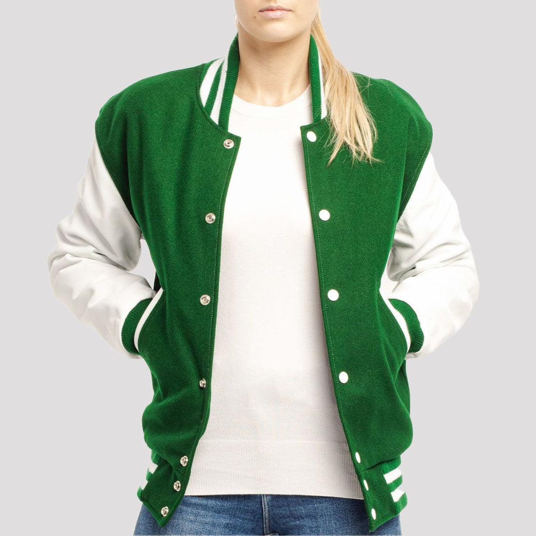 Classic Kelly green wool letterman jacket with white leather sleeves