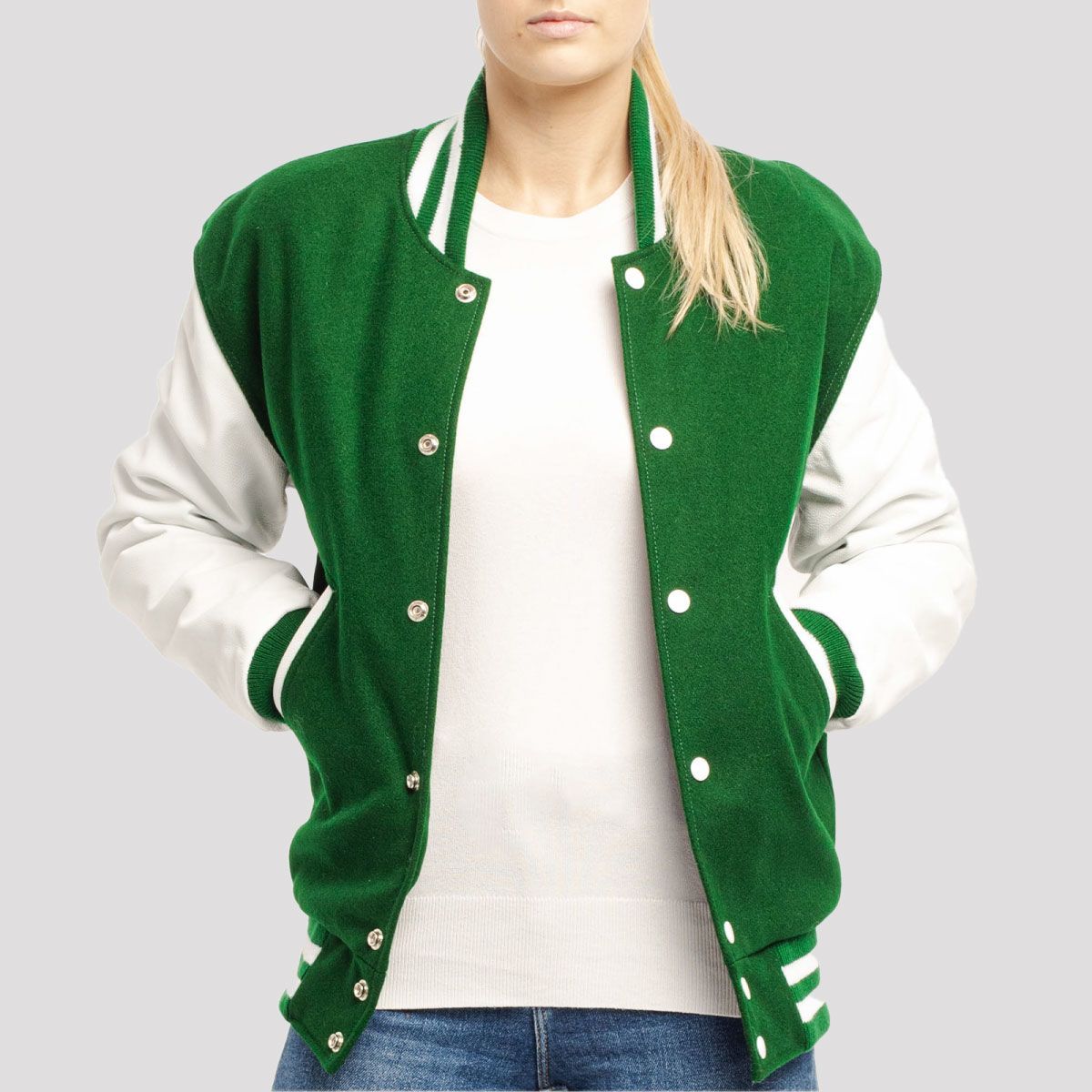 Kelly green varsity jacket in wool with white leather sleeves