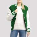 Women's letterman jacket in classic Kelly green with white leather sleeves