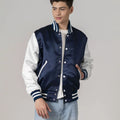 Men wearing navy white satin letterman jacket in classic streetwear style