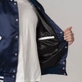 Premium men’s varsity bomber jacket with navy satin body and white sleeves
