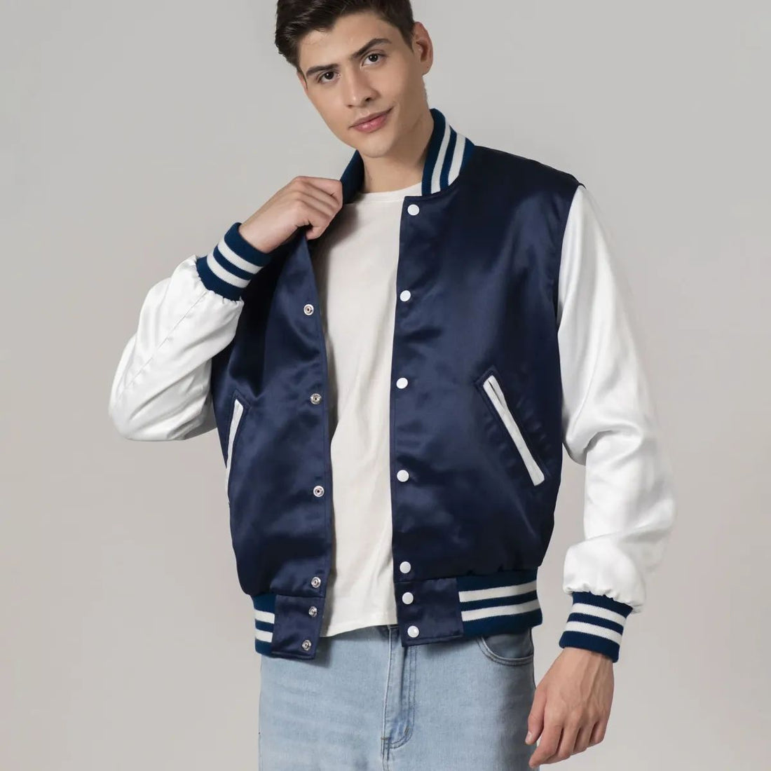 Classic navy blue satin jacket with white sleeves