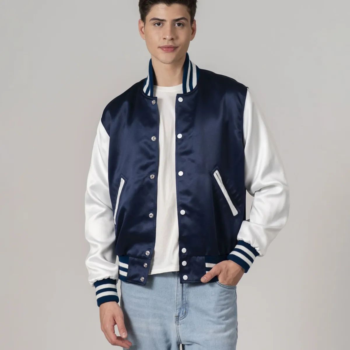 Classic navy blue satin jacket with white sleeves