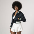 Trendy Dartmouth green satin crop top varsity jacket, ideal for layering with streetwear