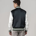Trendy forest green satin varsity jacket featuring white sleeves, combining elegance and athletic appeal.