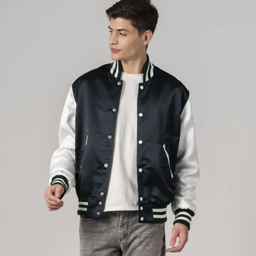 forest green satin varsity jacket with white sleeves, offering a classic contrast and sleek style