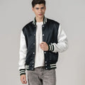 Men's varsity jacket in forest green satin with contrasting white sleeves, ideal for casual streetwear