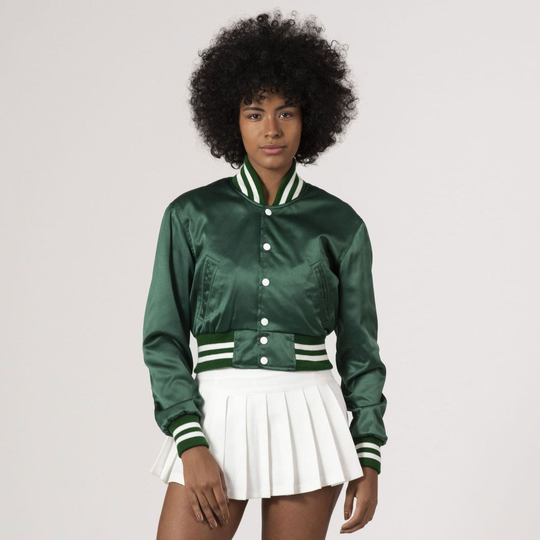 Kelly green satin crop top varsity jacket with sleek cropped fit, ideal for a sporty-chic style.