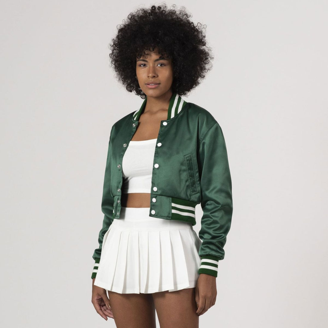 Kelly green satin crop top varsity jacket with sleek cropped fit, ideal for a sporty-chic style.