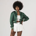 Stylish Kelly green satin varsity jacket with a cropped cut, perfect for a modern athletic look