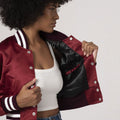 Trendy maroon satin varsity jacket with a crop top cut, ideal for a bold, stylish look