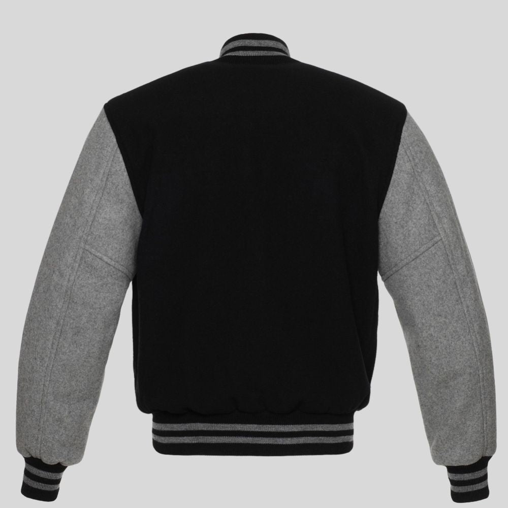 Black and gray varsity jacket on a light gray background