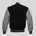 Black varsity jacket with gray sleeves on a white background