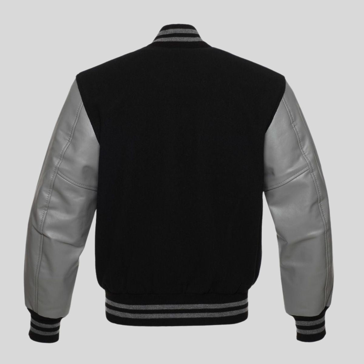 Black varsity jacket with gray sleeves on a white background