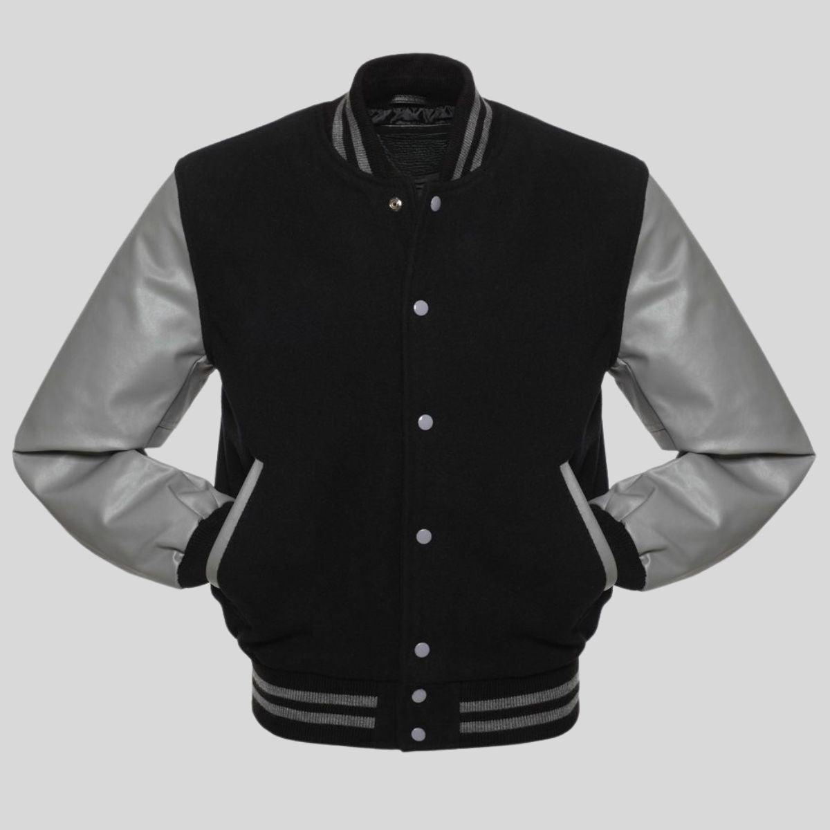 Black and gray varsity jacket on a light gray background