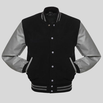 Black and gray varsity jacket on a light gray background