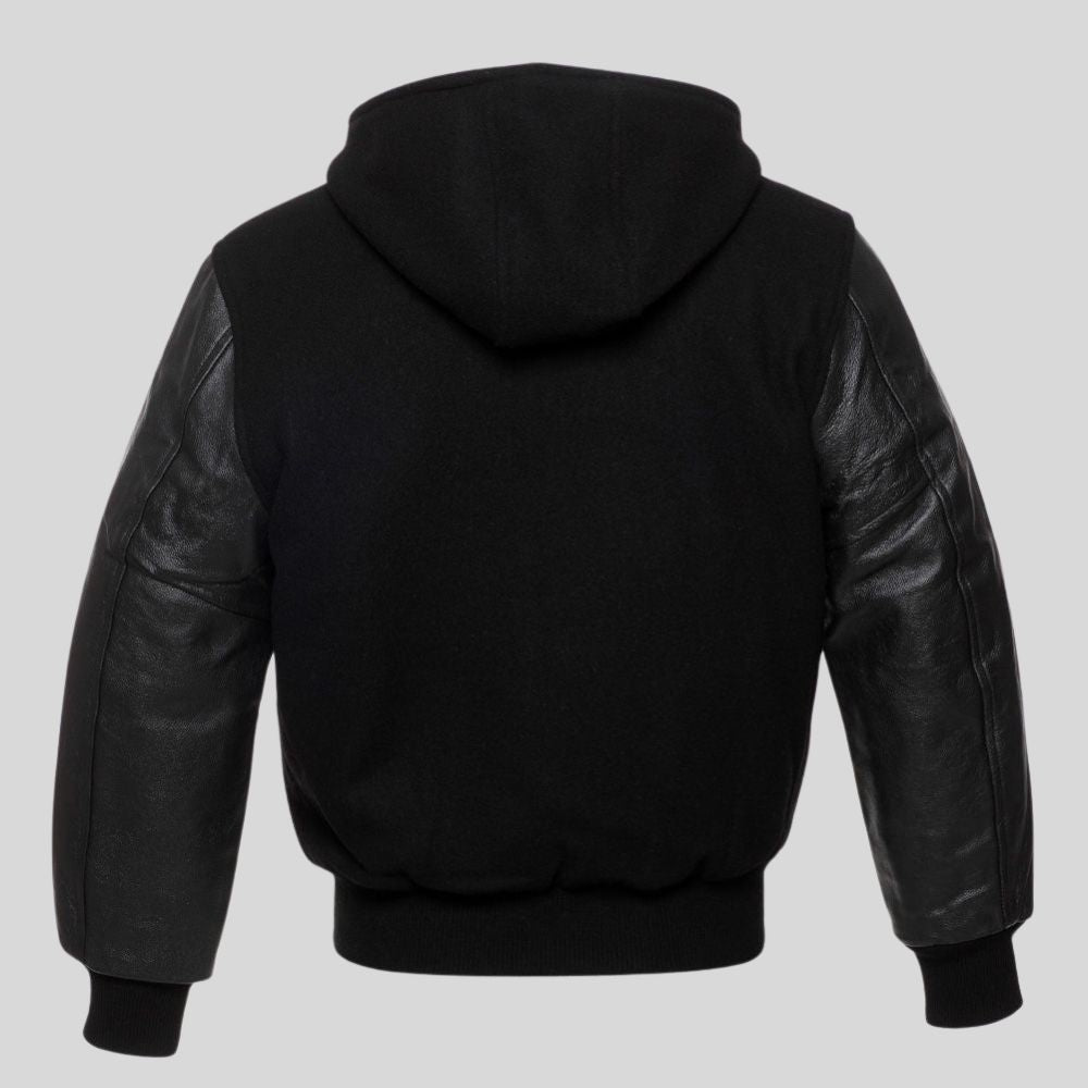 Black hoodie with leather sleeves on a light gray background