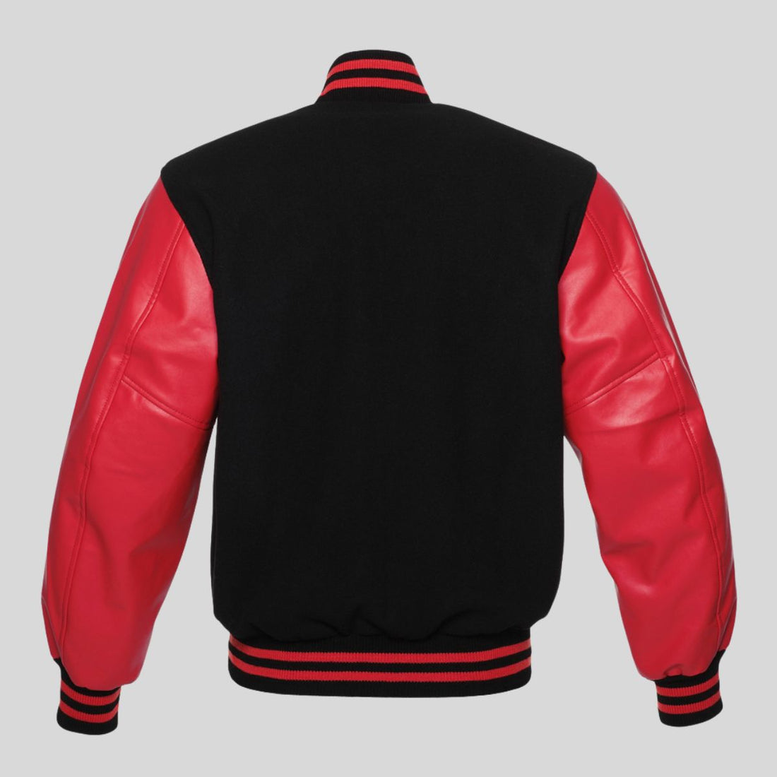 Black and red varsity jacket on a gray background