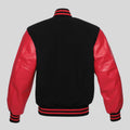 Black and red varsity jacket on a gray background
