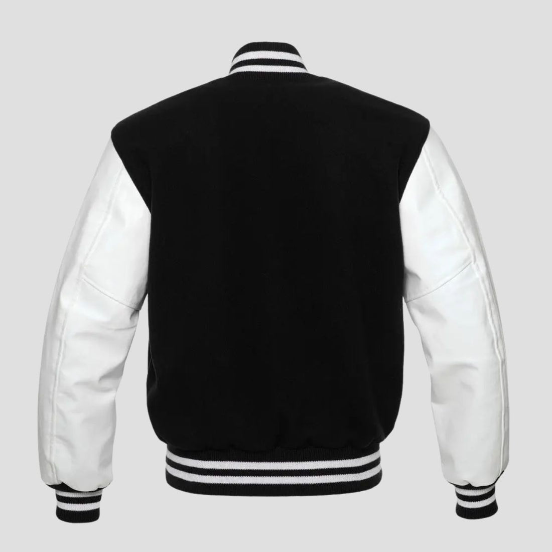 A classic men's varsity jacket with a black wool body and white vinyl sleeves, featuring a traditional snap button closure, rib-knit trim on the collar, cuffs, and waistband, and designed in a black and white color scheme.