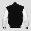 Men’s black white varsity letterman jacket with wool body, white vinyl sleeves, ribbed waistband, and premium college-inspired design.
