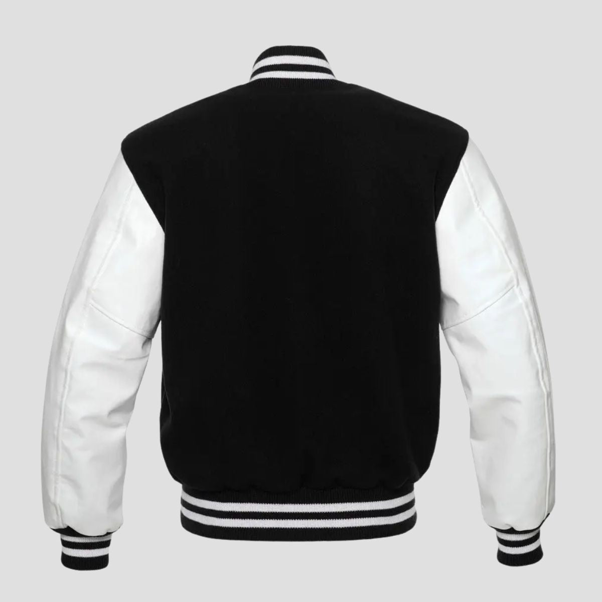 Men’s black white varsity letterman jacket with wool body, white vinyl sleeves, ribbed waistband, and premium college-inspired design.