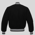 Black varsity jacket with white stripes on a light gray background