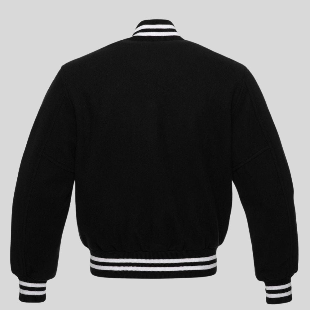 Black varsity jacket with white stripes on a light gray background