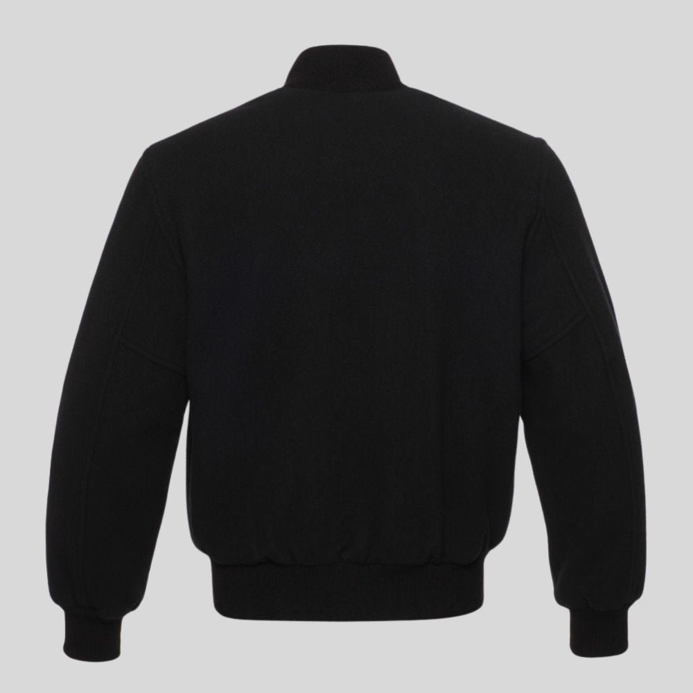 All black wool varsity letterman jacket for men with snap button front, ribbed cuffs, soft lining, and classic streetwear style.