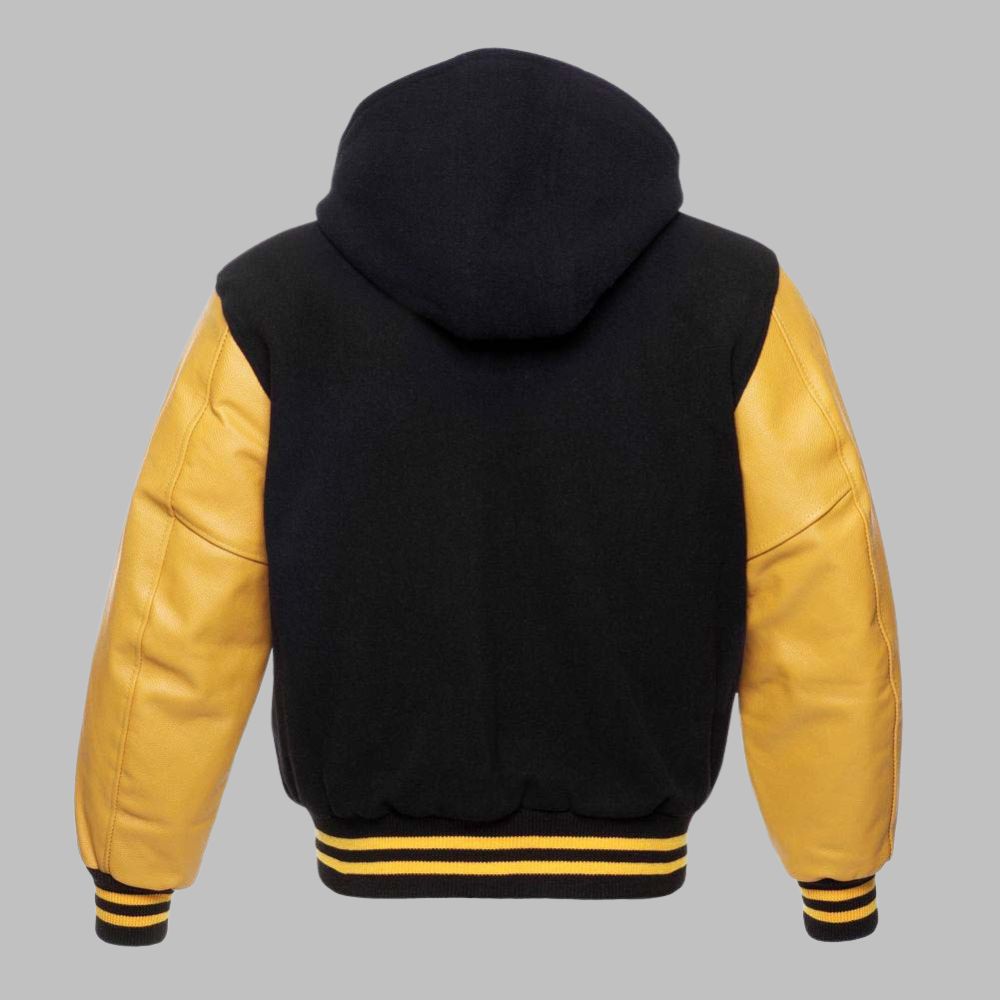 Black and yellow varsity jacket with a hood on a gray background