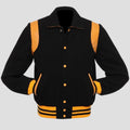 Men’s black and yellow retro varsity letterman jacket with wool body, bold leather accents, ribbed hem, and classic college style.
