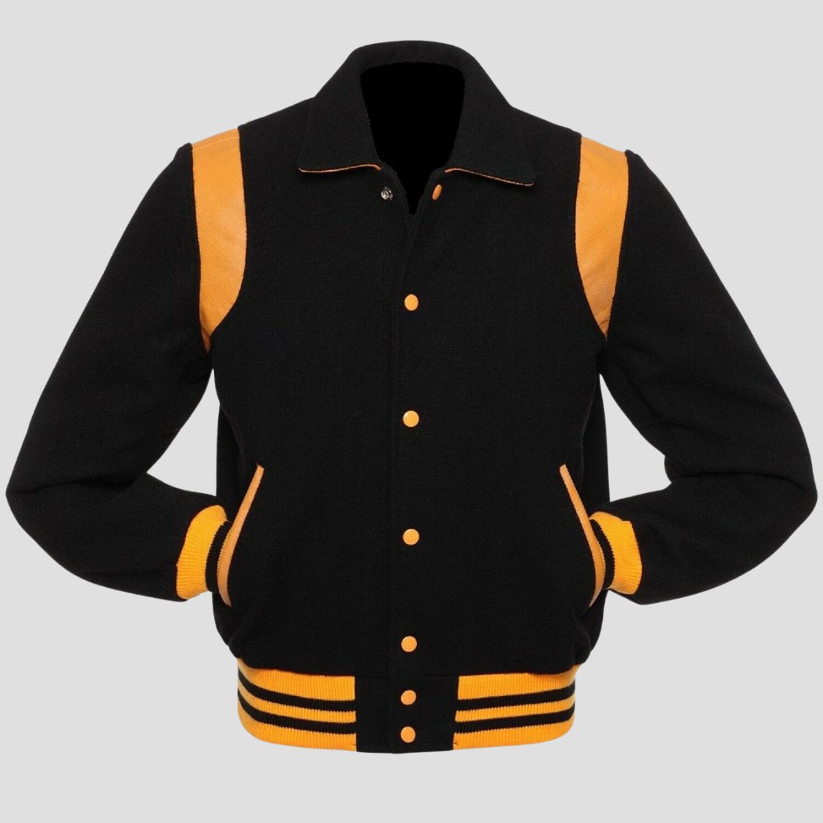 Men’s black and yellow retro varsity letterman jacket with wool body, bold leather accents, ribbed hem, and classic college style.