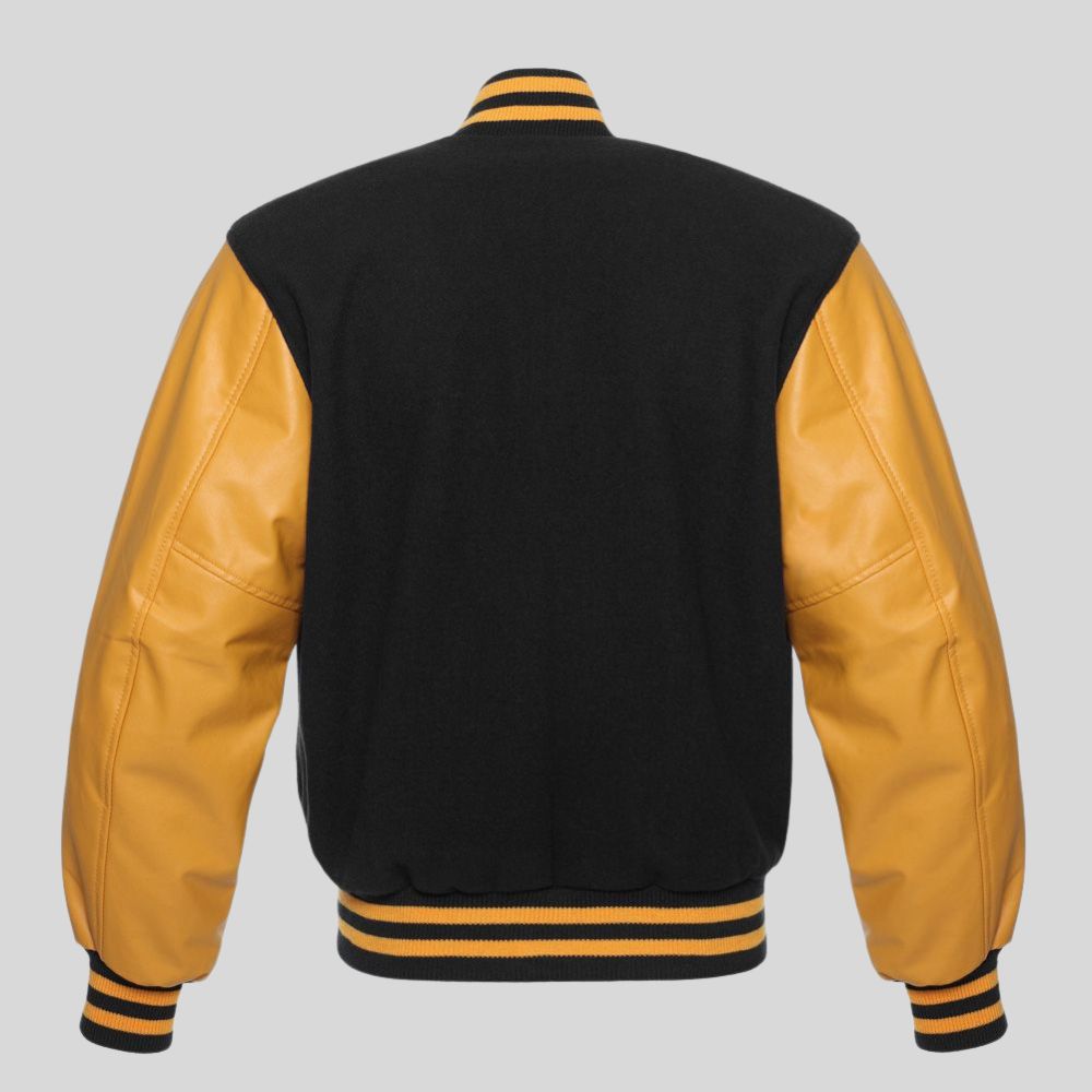 Men’s black yellow varsity letterman jacket with wool body, gold vinyl sleeves, ribbed waistband, and premium college-inspired design.