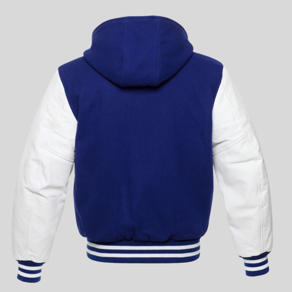 Blue and white varsity jacket on a gray background