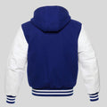 Blue and white varsity jacket with hood on a gray background