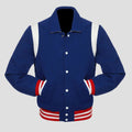 Men’s blue and white retro varsity letterman jacket with wool body, white leather accents, snap buttons, and striped rib waistband.