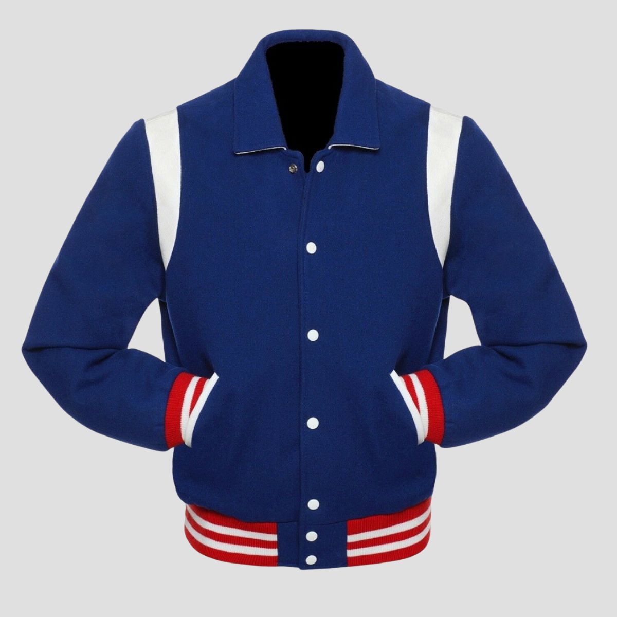 Men’s blue and white retro varsity letterman jacket with wool body, white leather accents, snap buttons, and striped rib waistband.
