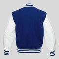Men’s blue white varsity letterman jacket with wool body, white vinyl sleeves, ribbed waistband, and premium college-inspired design.