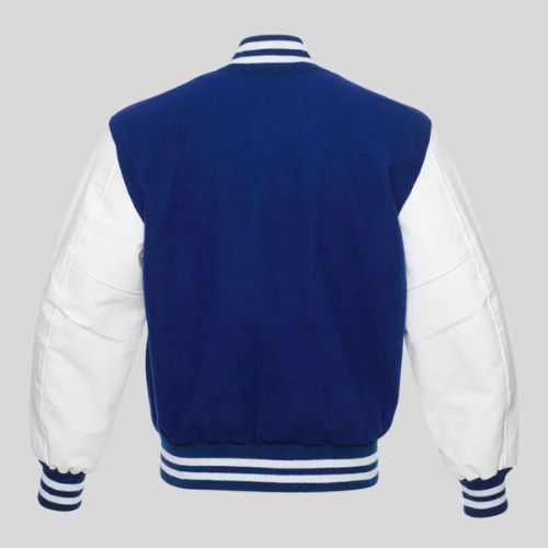 Men’s blue white varsity letterman jacket with wool body, white vinyl sleeves, ribbed waistband, and premium college-inspired design.