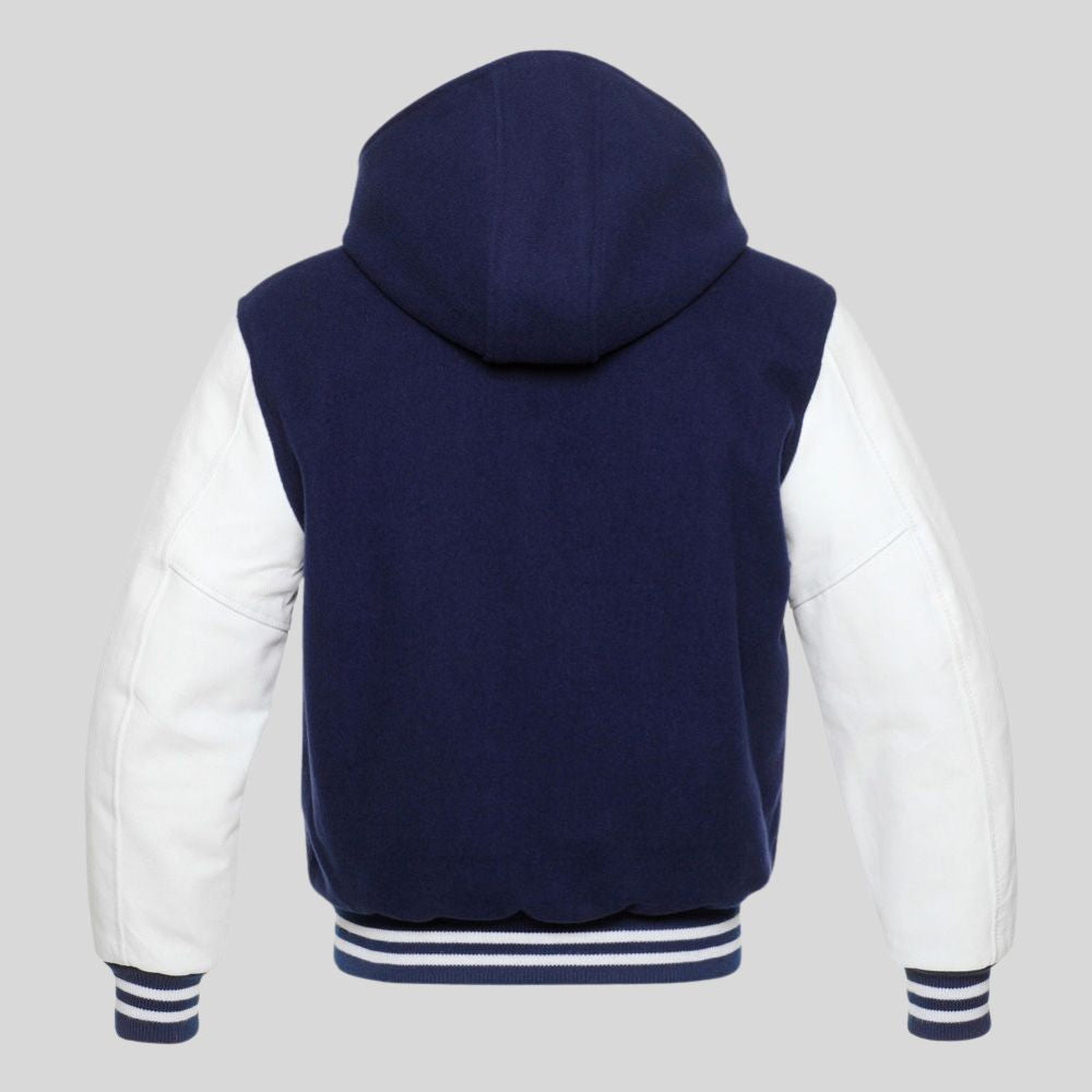 Navy blue and white varsity jacket on a gray background