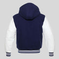 Navy and white varsity jacket with hood on a light gray background