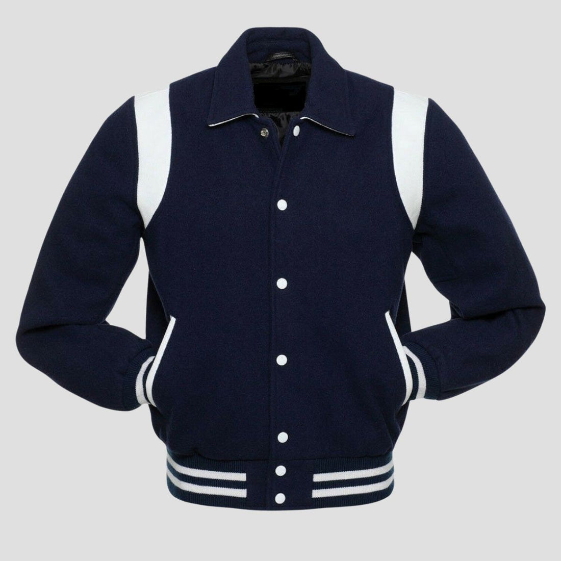 Retro navy blue wool varsity jacket with white leather trim, snap button front, striped rib cuffs, and vintage letterman style for men.