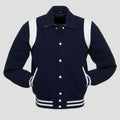 Men’s navy white retro varsity letterman jacket with wool body, white leather accents, button closure, and classic college style.