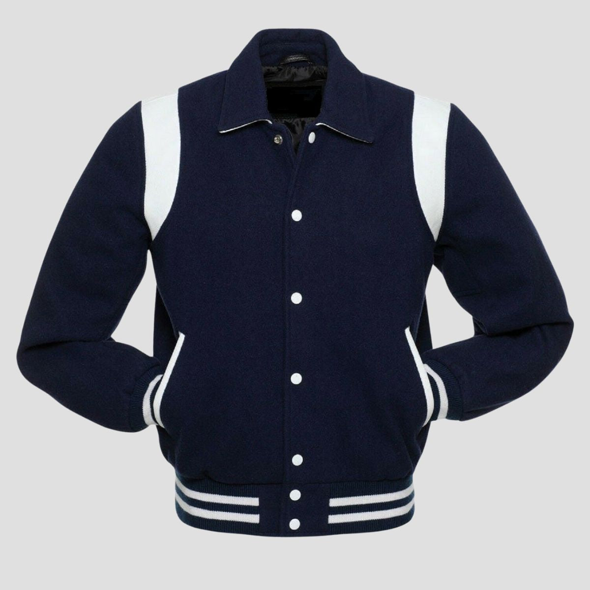 Men’s navy white retro varsity letterman jacket with wool body, white leather accents, button closure, and classic college style.