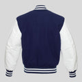 Navy blue varsity jacket with white sleeves on a gray background